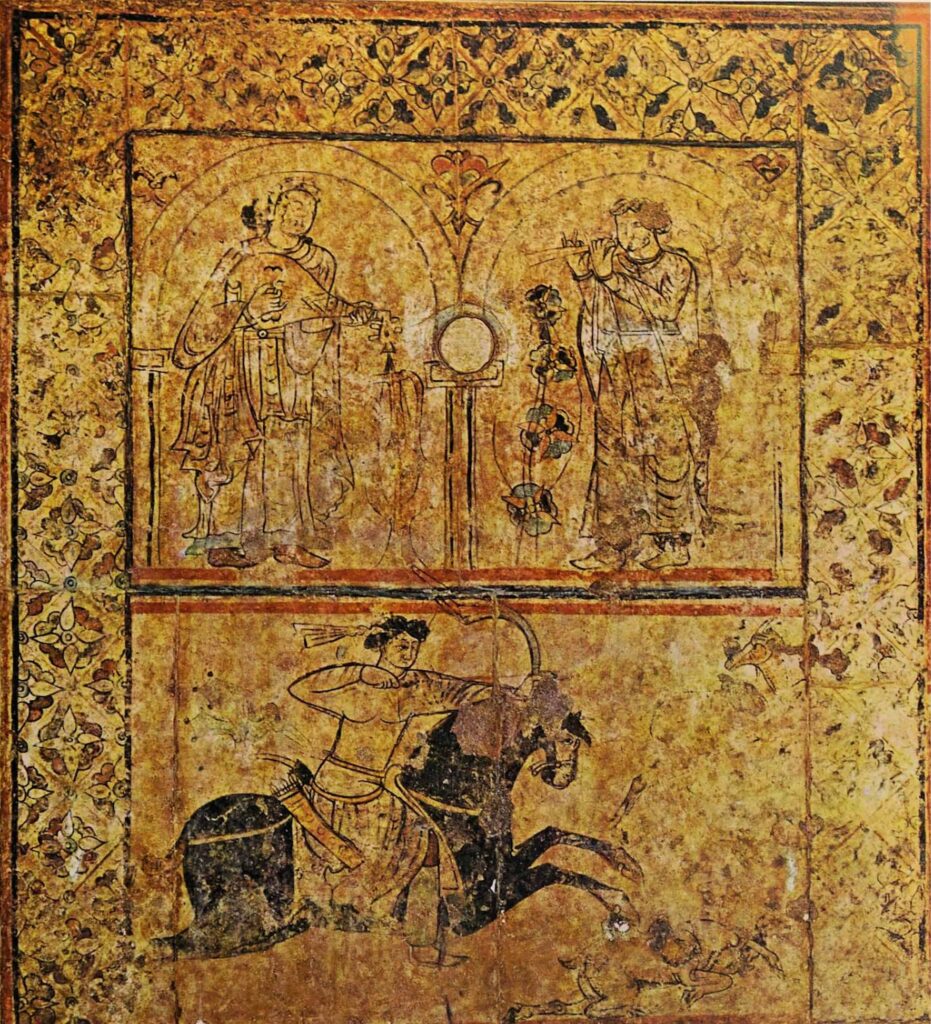 Jinete musulmán cazando con arco. En torno al 730. Fresco del Palacio de Qasr al-Hayr al-Gharbi, en Siria. 